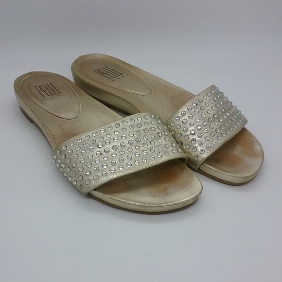 Pelle Moda Gold Leather Rhinestone Slides - Picture 1 of 12